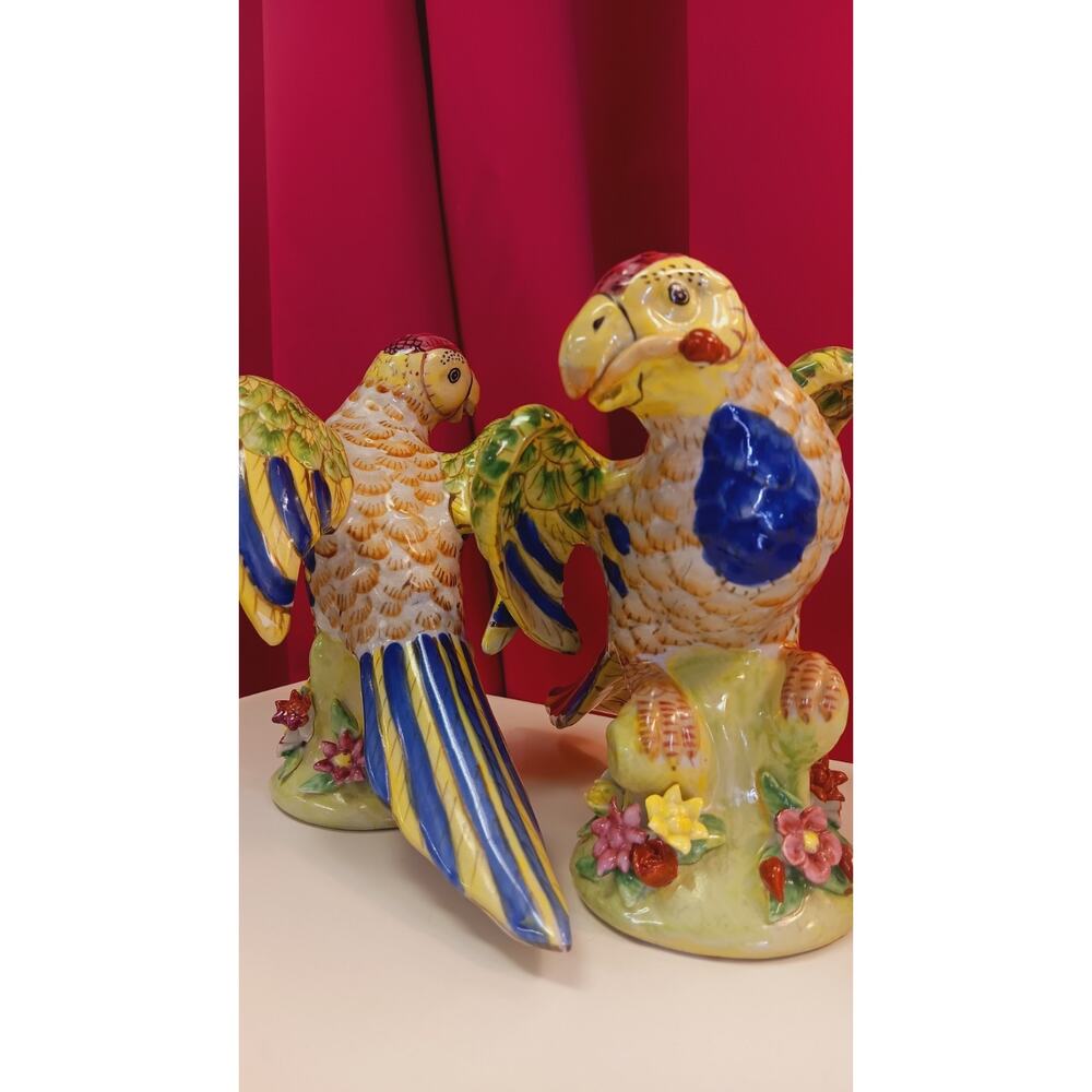 Vintage Majolica Ceramic Parrots Bird Figurines Pair Of 2 Vibrant Decor